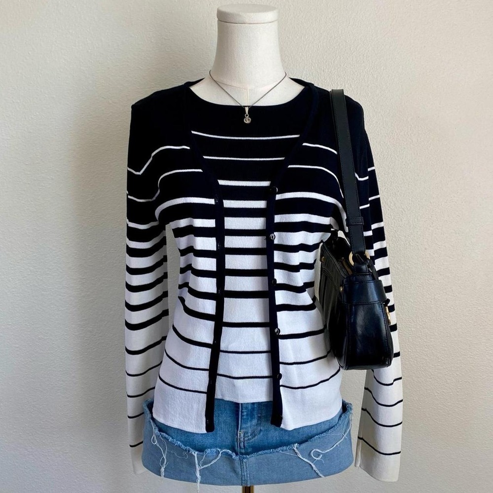 Vintage Finity Black and White Striped Matching Knit Tank Cardigan Set